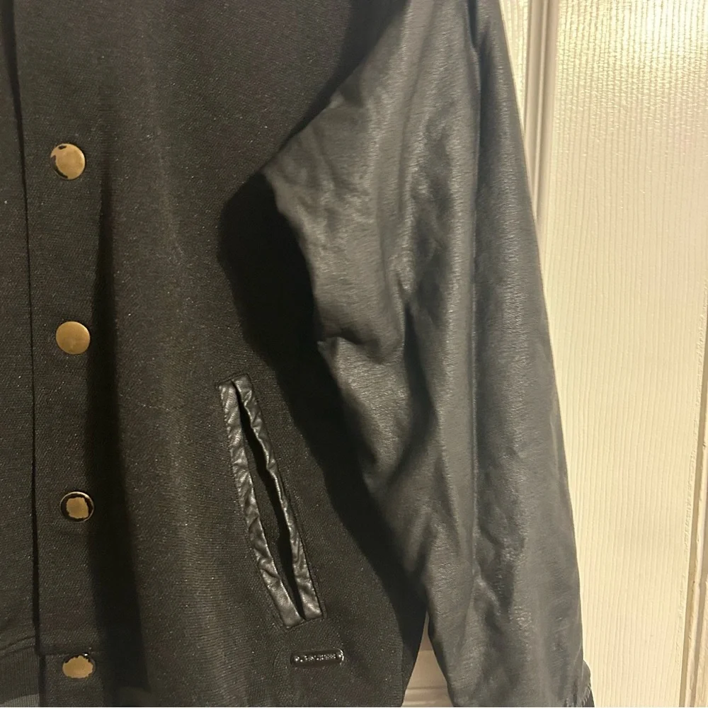 G by Guess Men's Leather Sleeves Button Down Baseball Bomber Jacket